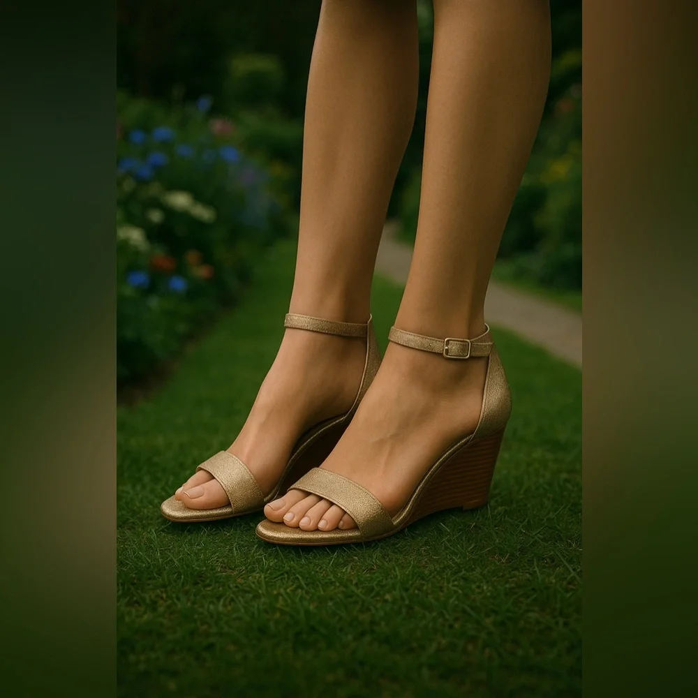 Tory Burch Gold Ankle Strap Wedges 8
